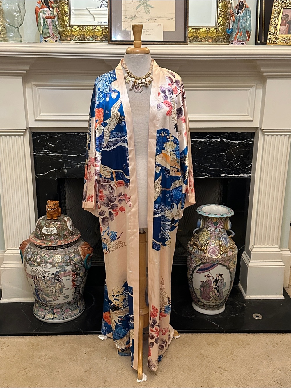 Ocean Inspired Silky Kimono with Cranes and Ocean liners.